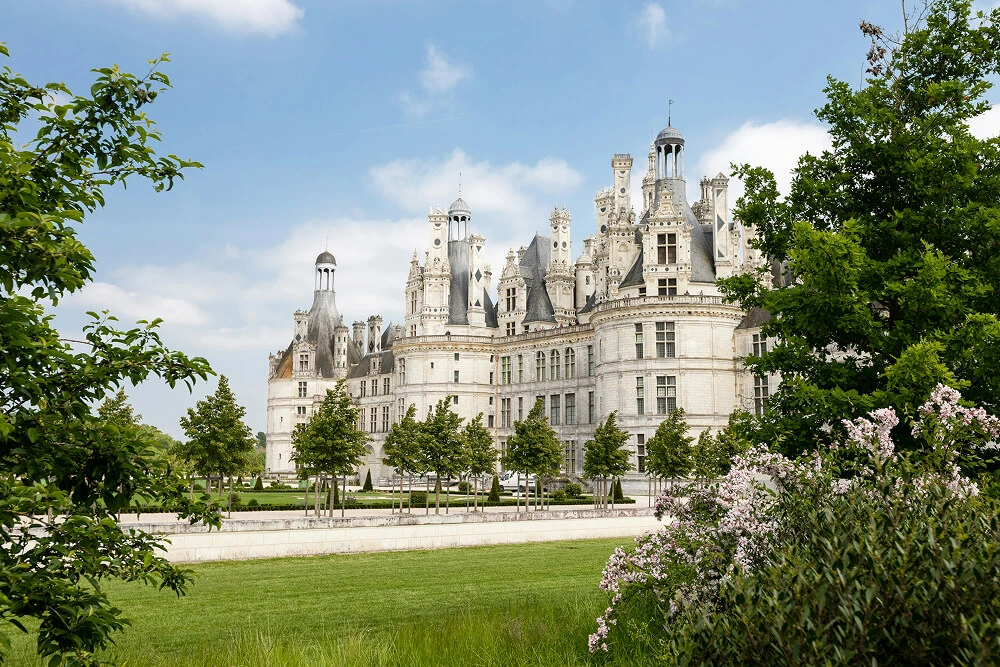 Façade extérieure du Château de Chambord, majestueux château de la Loire, avec ses tours et ses toits ornés, entouré de verdure sous un ciel bleu.